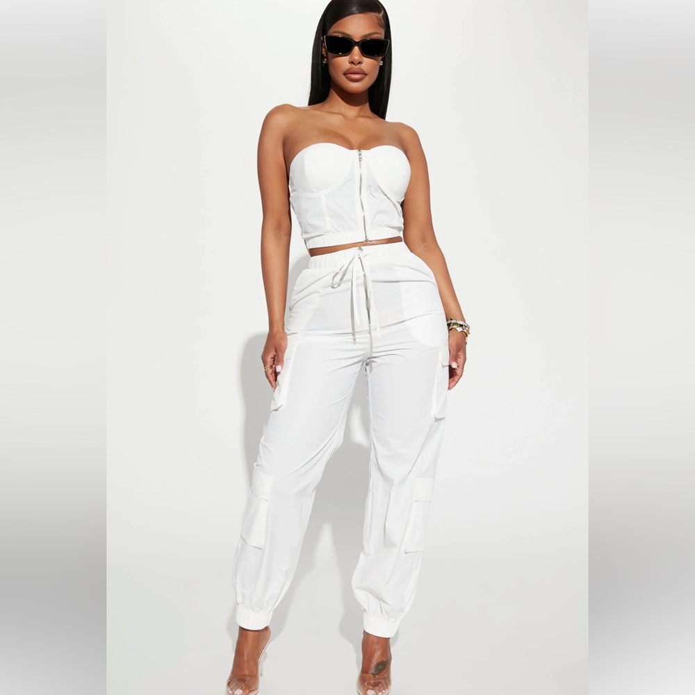 White co - ord two piece set fashion nova cargo pants